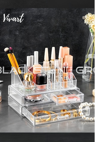 Vivart 3 Katlı Özel Tasarım Çekmece Modul Makyaj Organizer Kozmetik Kalemlik Düzenleyeci Şeffaf Beyaz