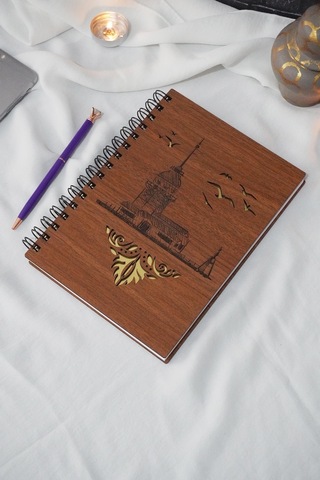 A5 Spiralli Kız Kulesi Motifli Ahşap Defter - Çizgisiz Defter Ahşap Rengi Ceviz A5 Notebook