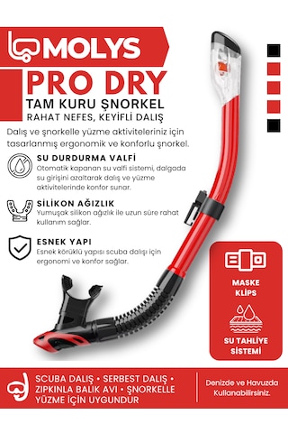 Molys Angel Dalış Maskesi + Antı Fog Buğu Önleyici Film + Pro Full Dry Tam Kuru Şnorkel + Maske Koruma Kutusu Set Halinde Siyah - Kırmızı