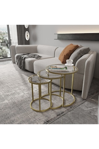 Dekoport Milas Mat Gold Zigon Sehpa - Temperli Şeffaf Cam Gold