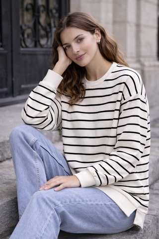 Tenra Oversize Geniş Kalıp Kadın Sweatshirt Bisiklet Yaka Basic Çizgili Siyah