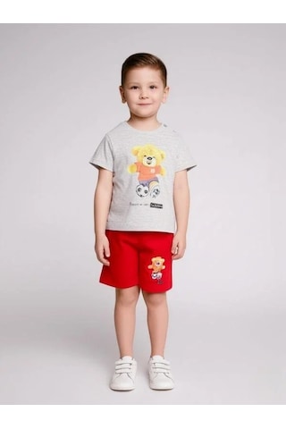 Erkek Bebek Ayıcıklı Pamuklu Şortlu Takım-15829 Gri