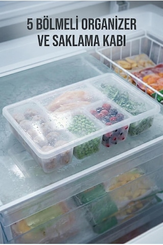 5 Bölmeli Şeffaf Buzdolabı İçi Düzenleyici & Kapaklı Dondurucu Saklama Kabı 24x38 Cm Şeffaf