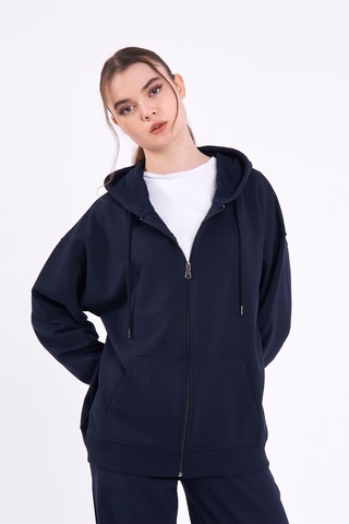 Comeor Lacivert Kanguru Cepli Kapüşonlu Fermuarlı Oversize Kadın Sweatshirt Cmrb73 Lacivert