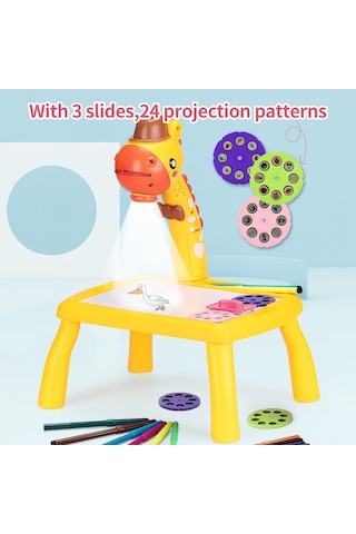 Kangvka Sarı Renkli Abs Materyal Projeksiyonlu Çizim Masası - 24 Desenli Müzikli Renkli Tuval, Akıllı Eğitici Araç Aa Pil Yok Sarı