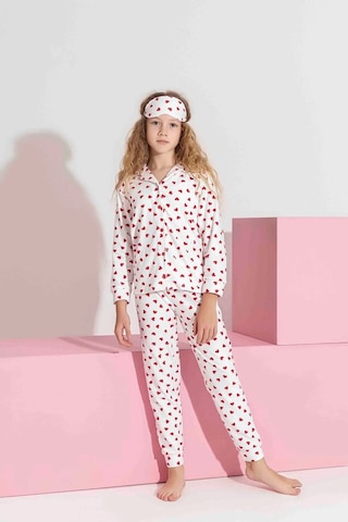Miniğimin Cicileri Termal Kumaş Kalp Desenli Kız Çocuk Pijama... Beyaz