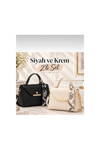 Arvelia Siyah,krem 2 Li Paket Suni Deri Fular Detaylı El Ve Omuz Çantası Sarı Sarı