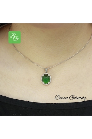 Etrafı Zirkon Taşlı Oval Yeşil Taşlı Set Rose Gold - Gümüş