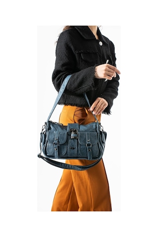 571 Collections Yıkanmış Deri Omuz Kol Çantası Mavi - Kilit Aksesuarlı Model: 571-13s