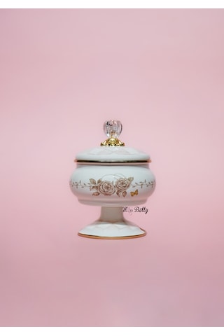 Rosadora Emaye Ayaklı Şekerlik Dekoratif Kapaklı Vintage Sunumluk Pembe