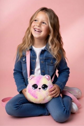 Mollycrush Hediye Kız Çocuk Pembe Ayıcık Figürlü Peluş Çanta Simli Kulaklı Ayarlanabilir Askılı Pembe
