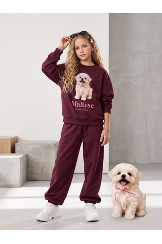 Zekids Kız Çocuk Pamuklu Köpek Baskılı Oversize Tasarım Sweatshirt-16472 Bordo