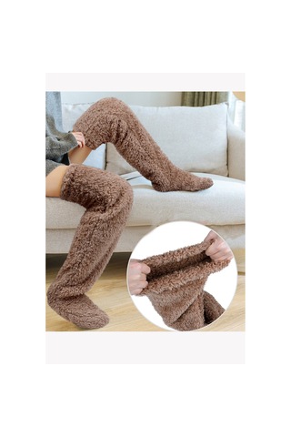 Leiste Sock Peluş Uyku Çorabı Welsoft Diz Üstü Oda Çorabı Ayak Isıtıcı Uzun Gonç Çorap Kahve