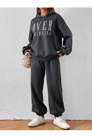 Over Thinking Eşofman Takımı Sweatshirt Jogger -füme Baskılı Oversize Şardonlu Kapüşonlu Lastik Paç Füme