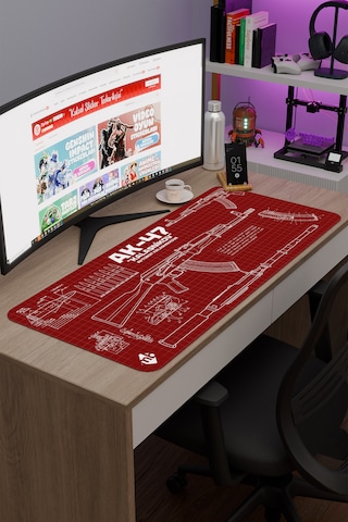 Ak 47 Siyah Kalaşnikov Cs Dikişli Kauçuk Oyuncu Mousepad - 90x40 Gaming Mouse Pad Ak-47 Bordo / Kırmızı
