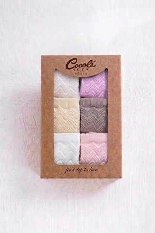 Cocole Socks Kız Bebek Soket Çorabı Kraft Kutulu 6'lı Set Pamuklu 0-1 Yaş Zigzag Kabartma Çok Renkli