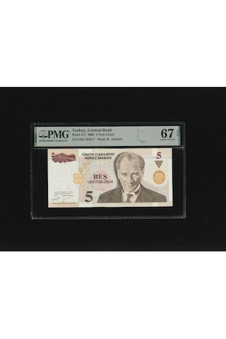 Beş Yeni Türk Lirası 5 Ytl P217 2005 Pmg 67 Epq Superb Gem Unc S/n G05 703317 8.ems 1.t