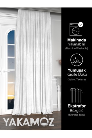Yakamoz Kadife Görünüm Beyaz Renk Ada Fon Perde Ekstraforlu Velvet Touch Serisi Beyaz