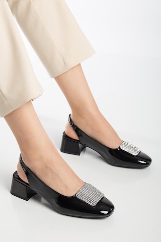 Büyük Numara Kadın Kısa Topuklu Ayakkabı Siyah Kare Taşlı Açık Topuk-3925 Siyah