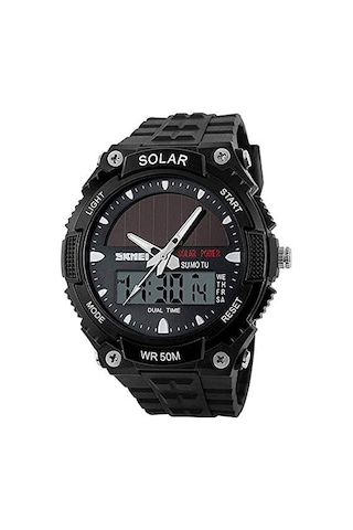 Erkekler Güneş Enerjili Sıradan Kuvars İzle Dijital Ve Analog Çok Fonksiyonlu Spor Saati Siyah Siyah