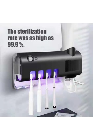 Geeksen 4 Yuvalı Otomatik Diş Macunu Dispenserli Delme Gerektirmeyen Duvar Tipi Akıllı Diş Fırçası Dezenfektörü - Siyah Siyah