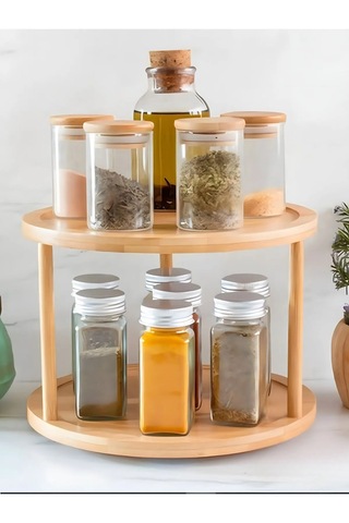 Bambu 360 Dönen 2 Katlı Baharatlık Düzenleyici Doğal, Şık Ve Fonksiyonel Mutfak Standı Bambu