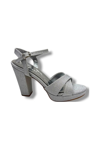 Erbay 308-26 Simli Saten Çapraz Bant Kalın Topuk Kadın Sandalet 11cm Gümüş