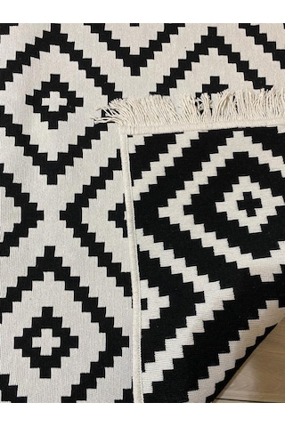 Kilim Çift Taraflı Pamuklu Dokuma Modern Kilim Siyah Beyaz Kilim