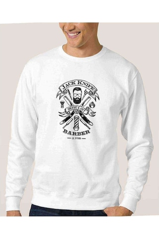 Jack Knife Barber Shop Design Oscar Baskılı Beyaz Erkek Sweat (528423948)