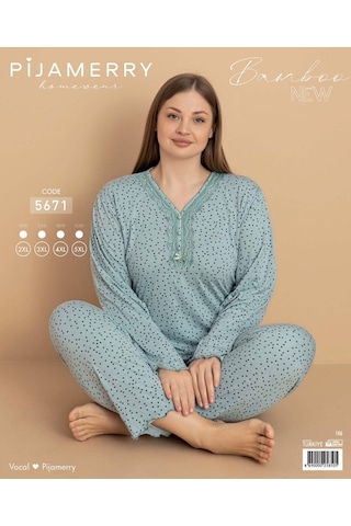 Pijamerry Kadın Büyük Beden Dantel Yaka Bambu Uzun Kol İnce Pijama Takımı 5671 - 1 Adet Yeşil