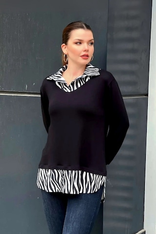 Zebra Desen Gömlekli Bluz Siyah