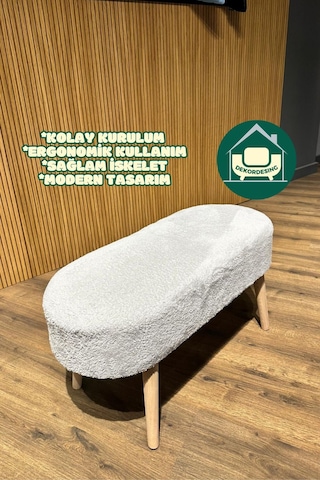 Paris Retro Ahşap Ayaklı Geniş Oturum Alanlı Oval Bench Puf Gri