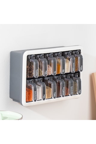 Porsima 1118 12li Standlı Kaşıklı Kapaklı Baharatlık Seti Antrasi Antrasit - Beyaz