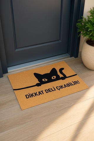Kedili Paspas Kapı Önü Paspası Kitty Kapı Önü Kaymaz Paspas Dikkat Deli Çıkabilir Paspas Açıkkahverengi - Bej