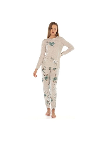 Vishenka Kadın Kahve Melanj Viskon Likralı Baskılı Pijama Takımı Beyaz