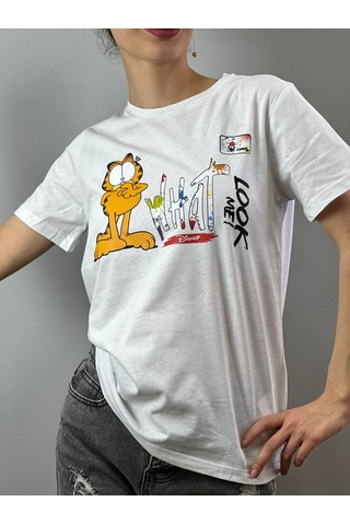 Sarman Kedi Baskılı Tişört T-shirt Unisex Beyaz