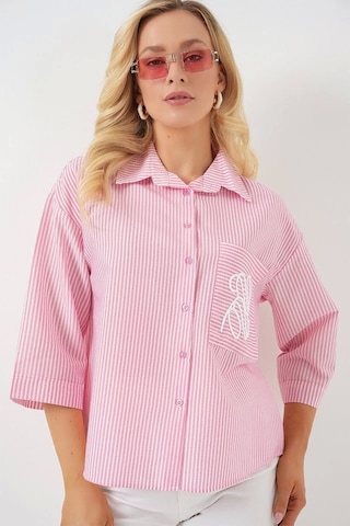 Defymoda Tek Cep Nakışlı Gömlek 20328 - Pembe Pembe