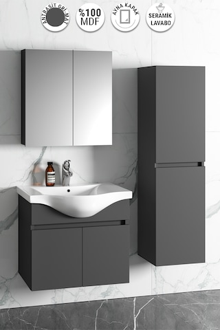 Yıldız 55+35 Cm Antrasit Gri Mdf Sepetli Asma Banyo Dolabı Takımı Antrasit - Gri