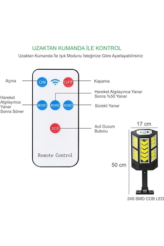 249 Led Güneş Enerjili Solar Lamba Kumandalı 3 Modlu Hareket Sensörlü Dış Mekan Bahçe Aydınlatma