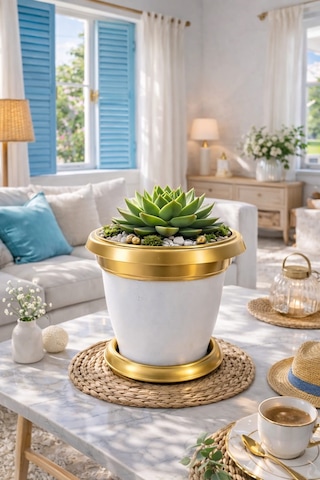 Nf Gold Bilezikli 1.7 Litre Dekoratif Plastik Saksı Beyaz