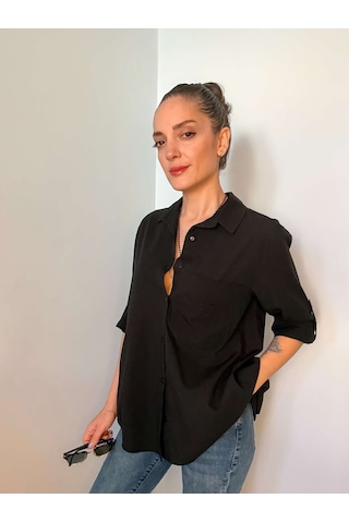 Ali Butik Siyah Sırtı Asimetrik Düğme Detaylı Poplin Gömlek Siyah