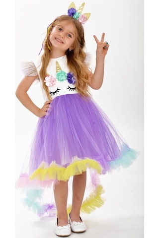 Unicorn Leylak Kuyruk Detaylı Gökkuşağı Taçlı Kız Çocuk Parti Elb