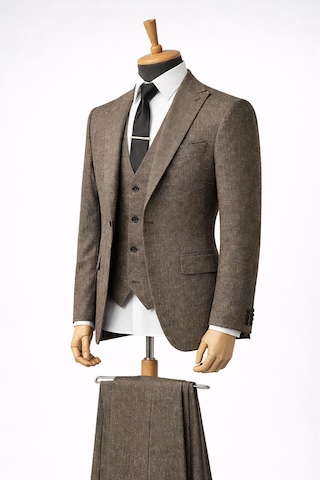 Erkek İtalyan Kesim Slim Fit Yelekli Takım Elbise Kahverengi