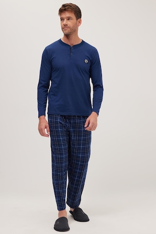 Tudors Erkek Regular Fit Pamuklu Düğmeli Yaka Beli Lastikli Desenli İndigo Pijama Takımı-39789