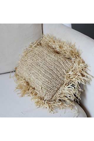 Çift Yön Örgü 30x50 Cm. Doğal Rafya Kırlent - Saçaklı Hali 50x70 Cm Bej