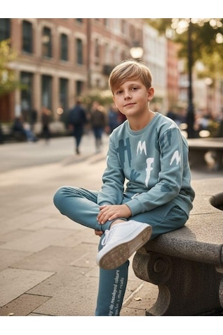 Zekids Erkek Çocuk Pamuklu Baskılı Eşofman Takım-16324 Mint Yeşili
