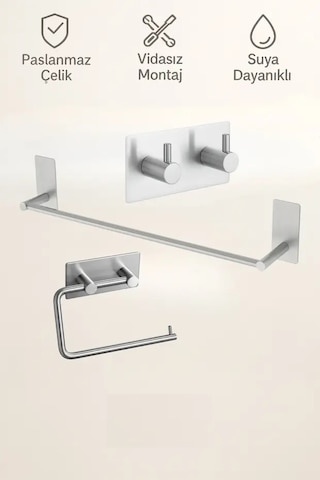 3'lü Set Paslanmaz Çelik Yapışkanlı Havlu Askılığı, Tuvalet Kağıtlığı Ve 2'li Askılık Yapışkanlı Metal