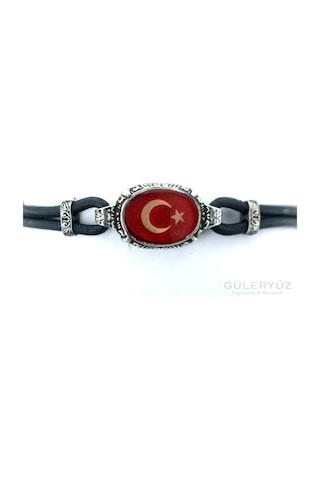 Osmanlı Tarzı Ayyıldızlı Kırmızı Mineli El İşi Deri Gümüş Bileklik