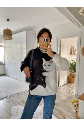 Ramımse Kadın Uzun Kollu Kapşonlu Bağcıklı Kedi Desenli Şardonlu Dalgıç Bluz Desenli