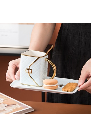 Neevoyu 310ml Seramik El Çantası Desenli Kahve Fincanı Seti: Fincan, Tabak Ve Kaşık - Pembe Pembe